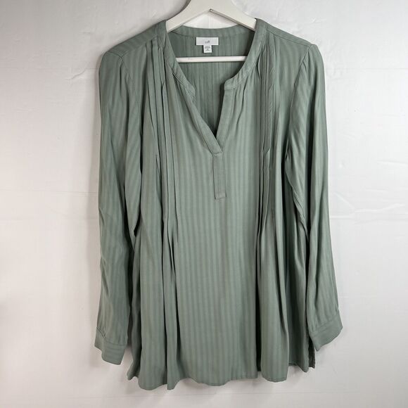 J Jill Size XSP XS Petite Pintucked Popover Tunic Top Green Split V-Neck Striped - Picture 3 of 13